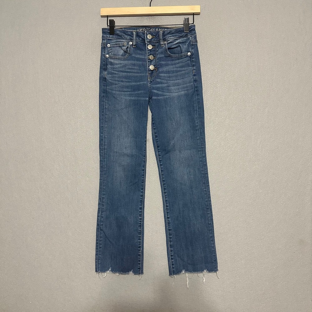 American Eagle Super Stretch X High Rise Button Fly Raw Hem Jeans Blue Size 2